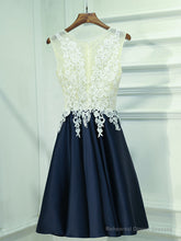 A Line Round Neck Short Lace Prom Dresses, Navy Blue Short Lace Formal Homecoming Dresses